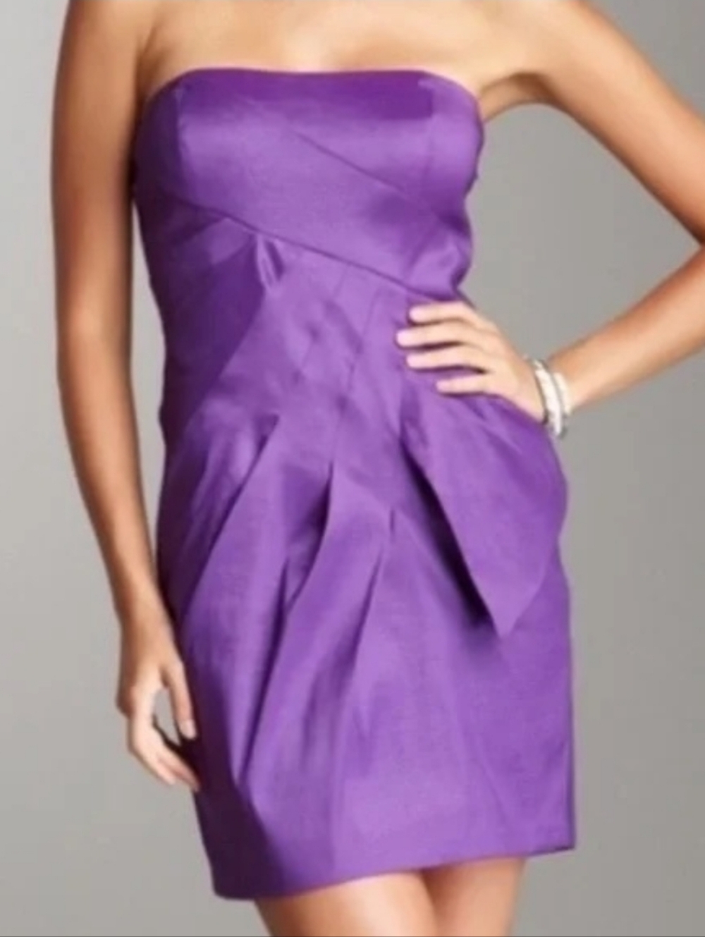 Max&Cloe Purple Satiny Look Strapless Pleated Front Pockets Mini Cocktail Dress
